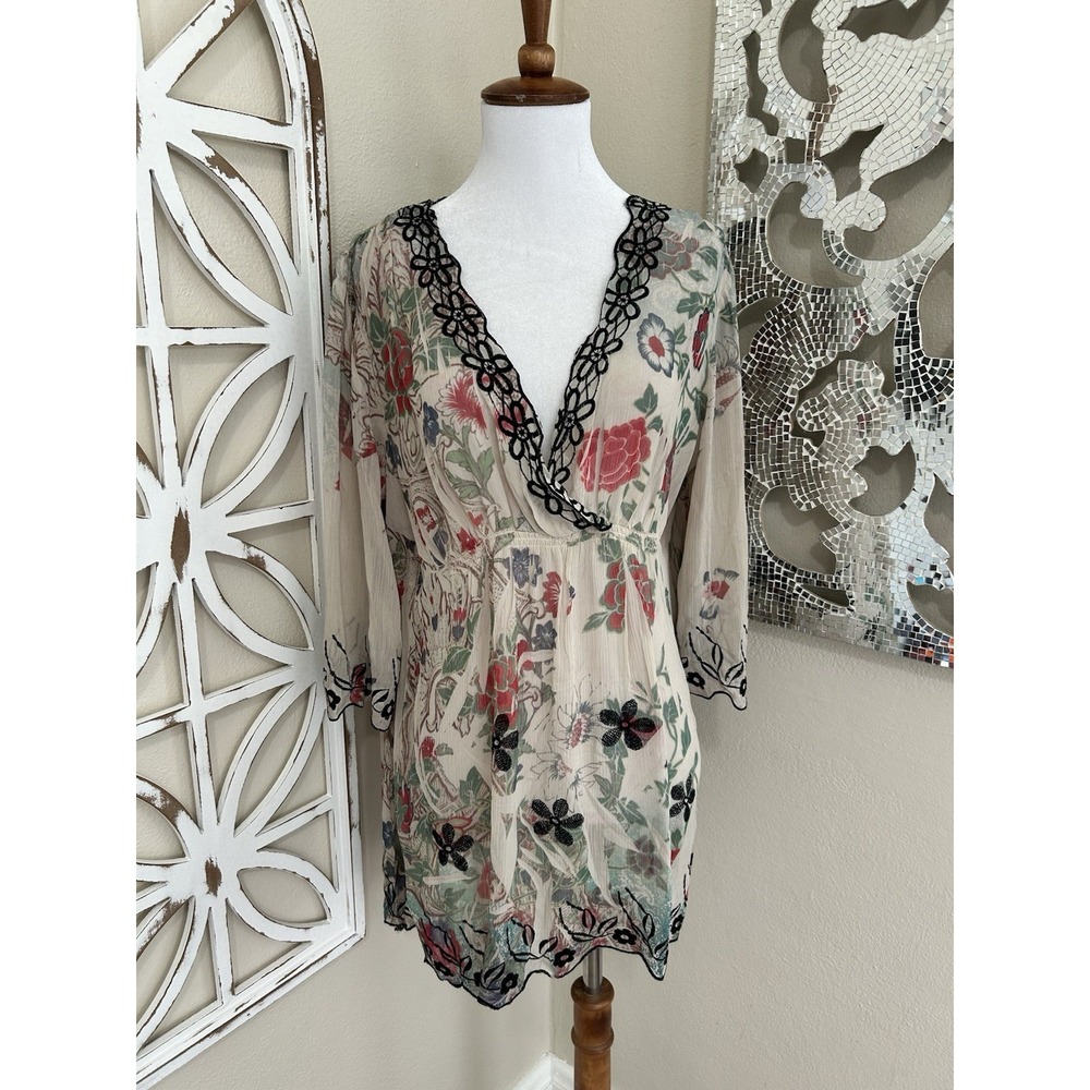 Mushka by Sienna Rose Sheer Floral Embroidered Tunic Top XL Fairycore Romantic